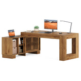 LITTLE TREE 63" L Shaped Executive Desk with Storage, Farmhouse Home Office Desk with 2-Tier Cabinets and Shelves, Large Wooden Computer Table Business Furniture Workstation Set, Brown LITTLE TREE
