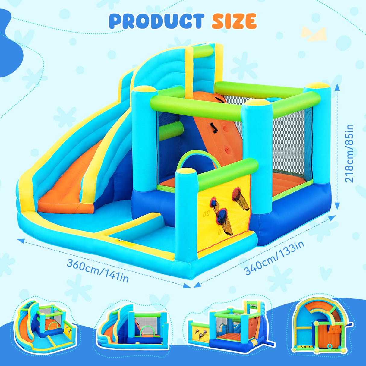 FBSPORT Inflatable Bounce House, Water Slide Park Slide Bouncer with Ball Shooting, Climbing Wall, Jumping and Splash Pool, Kids Bouncy Castle with 450W Air Blower for Outdoor Backyard FBSPORT