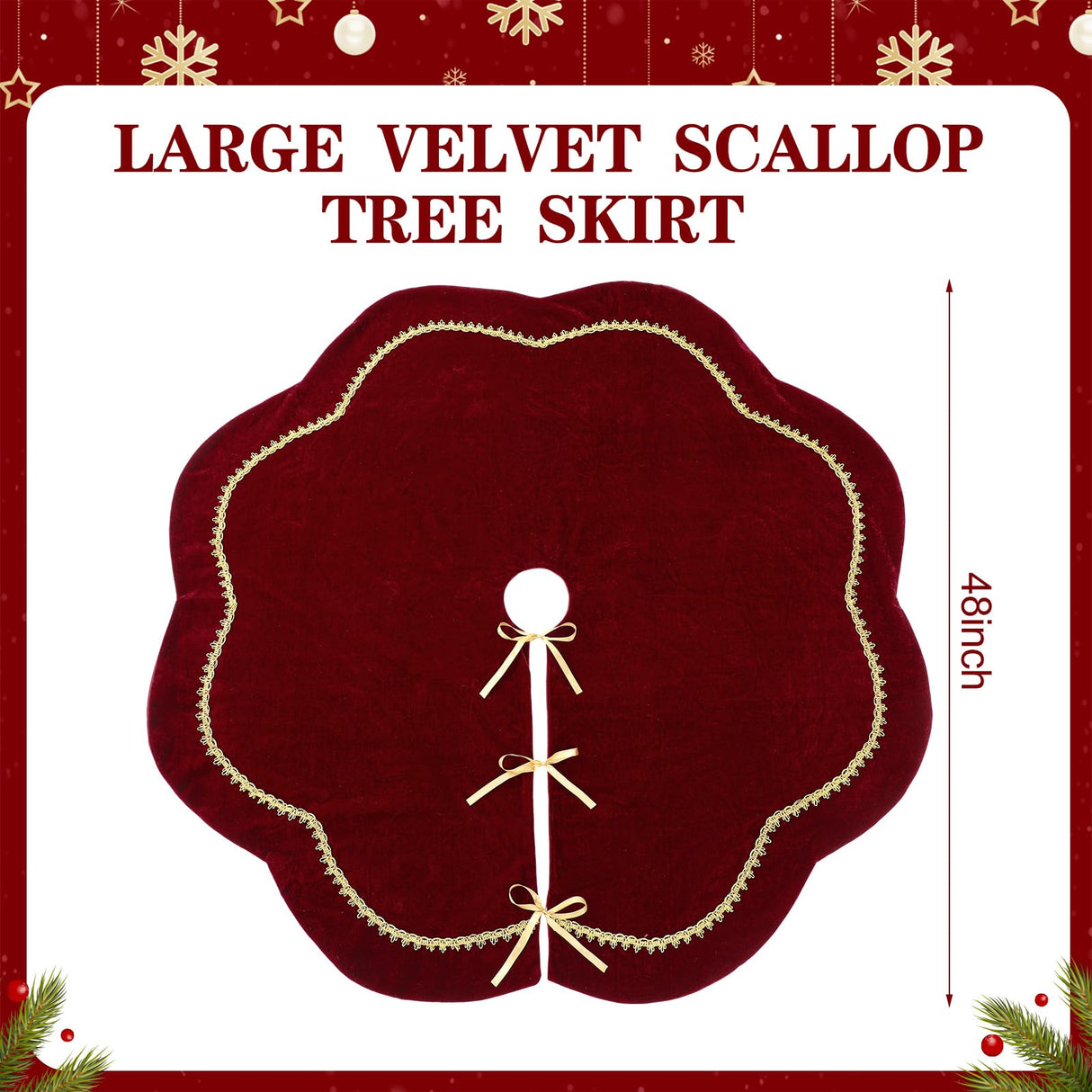 Arrowbash Christmas Tree Skirt 48 Inches Luxury Velvet Fur Scallop Tree Skirt Sparking Gold Lace Trim for Party Rustic Xmas Holiday Decorations Home (Red) Arrowbash