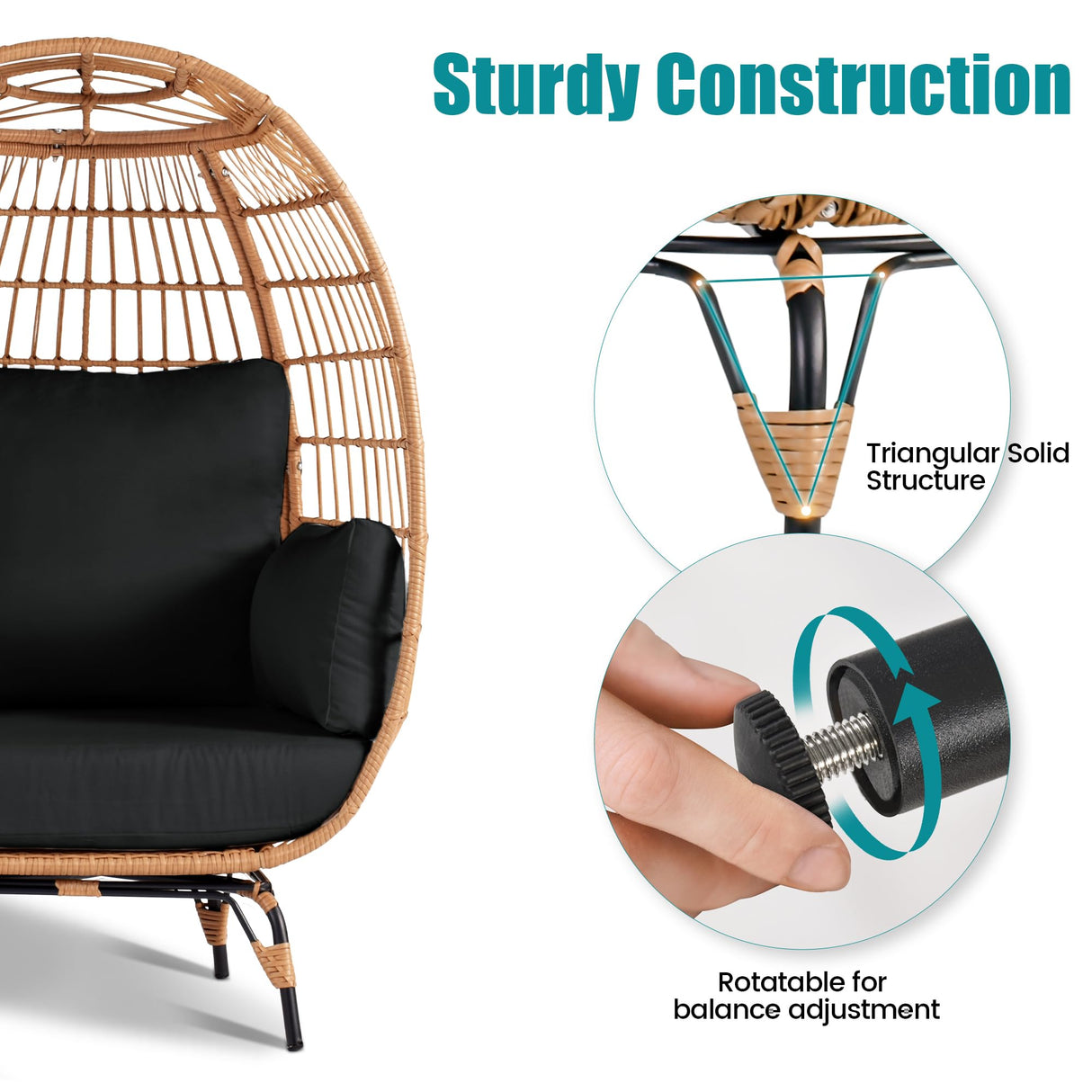 OTSUN Outdoor Egg Chair, PE Wicker Chair with 4 Thicken Cushions, Patio Chairs 440 lbs Capacity, Oversized Balcony Chairs with Durable Steel Frame Perfect for Balcony, Backyard, Bedroom-Dark Black OTSUN