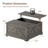Vabches 31.5" Lift Top Coffee Table with Storage, Farmhouse Square Coffee Tables for Living Room, Center Table with Charging Station and Hidden Space, Grey Vabches