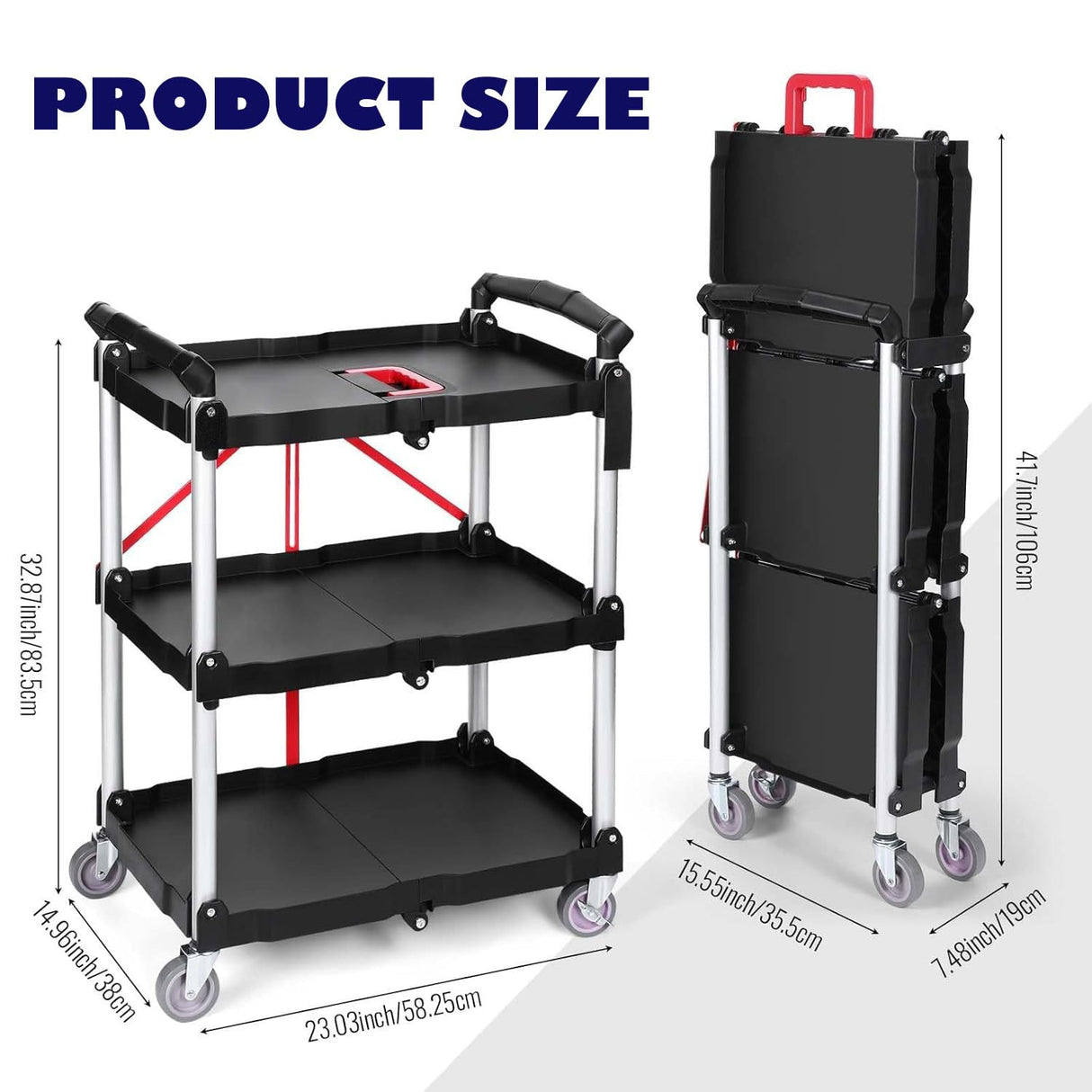 Folding Service Cart Heavy Duty 176 LBS w/ 360° Swivel Wheels Ergonomic Red Handle Foldable Utility Cart for Office Garage Home Kitchen Storage Collapsible Tool Cart COZONY