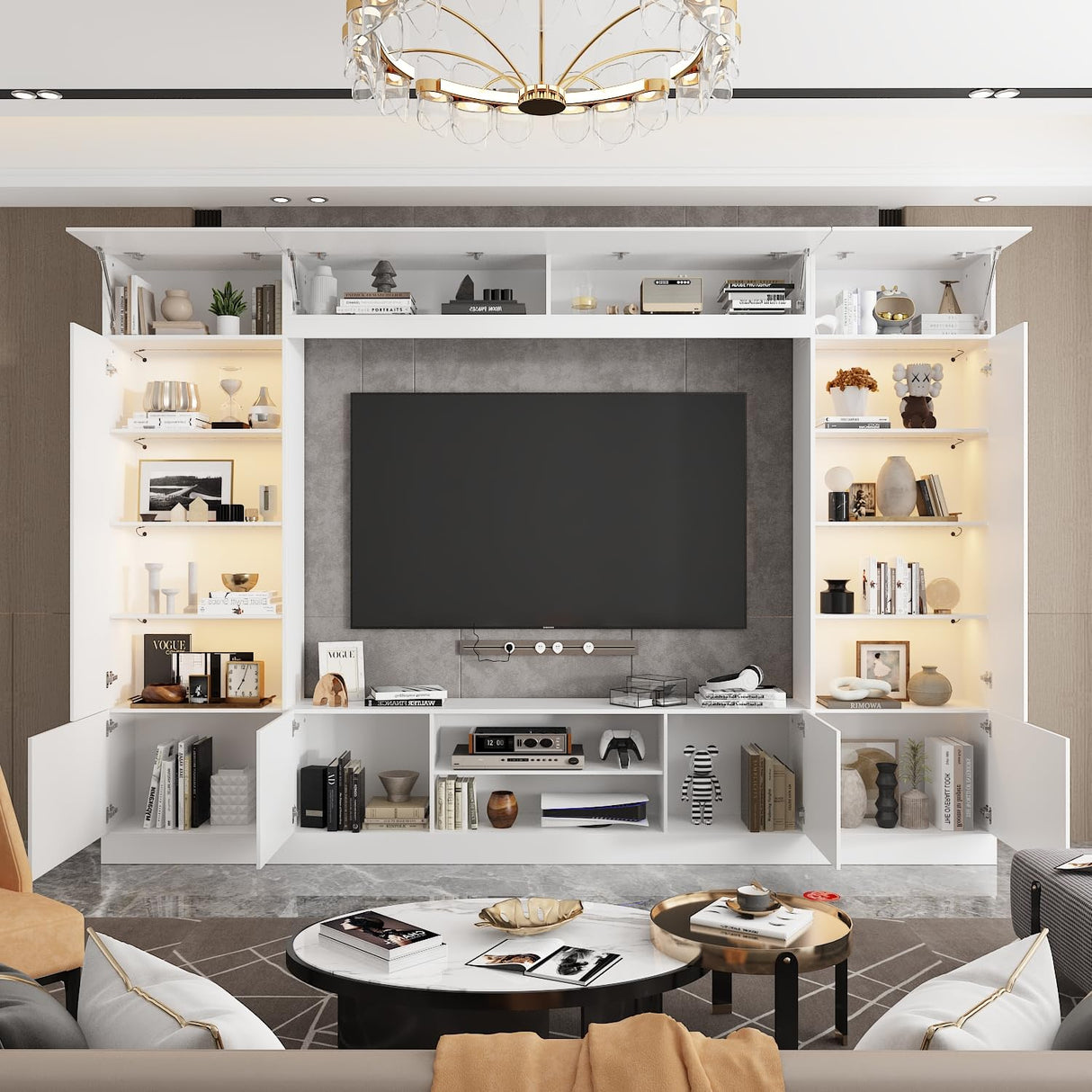 WOODTIME White 114" Large Wall Unit Entertainment Center with Bookshelves, Lights and 18 Shelves, Modern 4-Piece TV Stand Media Console Table with Bridge Cabinet for Living Room & Home Theater WOODTIME