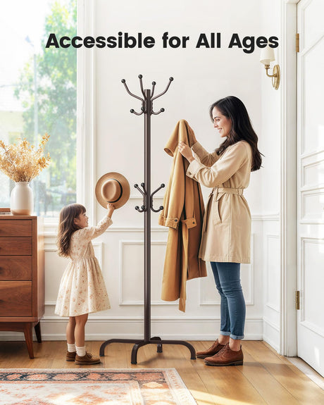 Pipishell Coat Rack with 14 Hooks, Freestanding Coat Rack Stand for Entryway, Hallway, Bedroom, and Office, Metal Coat Tree & Hat Rack for Coats, Hats, and Bags, Brown Pipishell