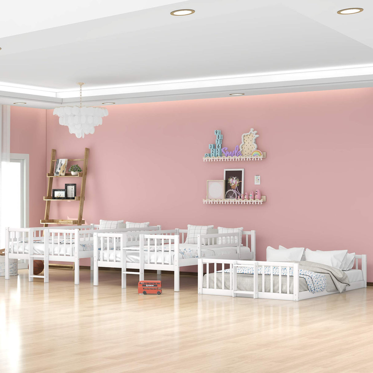 Aiuyesuo Triple Bunk Bed Full-Over-Full-Over-Full Size with Convertible Ladder and Slide for Kids Teens, Solid Wood Triple Bunk Bed with Guardrails for 3, Maximized Space (White-4) Aiuyesuo