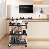 3 Tier Folding Rolling Utility Cart, Portable Collapsible Service Cart, 165 Lbs, Foldable Tool Cart with Dual Ergonomic Handles, Wheels for Warehouse, Home, Restaurant, Black EliteEdge