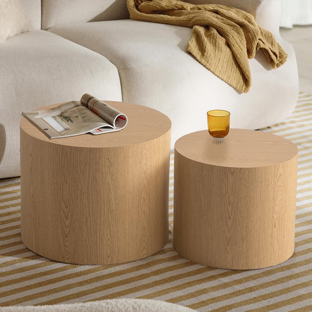 Round Nesting Coffee Table Set of 2 Modern Round Fluted Coffee Table Small Round Coffee Table Circle Side Table Circular End Table Nested Coffee Table for Living Room (Light) YYZIWYUN