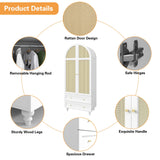YUCHIATH Arched Armoire Wardrobe Closet with 2 Rattan Doors, Wooden Wardrobe Closet with 2 Drawers, 74.8 "H Bedroom Armoires with Hanging Rod (White) YUCHIATH