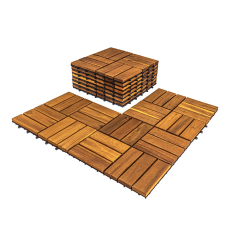 AN68 Pack of 10 Deck Tiles - 12"x12" Interlocking Natural Solid Acacia Wood for Outdoor & Indoor, Patio Garden, Balcony, Poolside - Golden Teak Color AN68