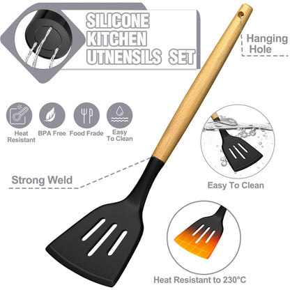 Kitchen Utensils Set- 34PCS Silicone Cooking Utensils with Holder, Umite Chef Heat Resistant Kitchen Utensil Spatula Set for Nonstick Cookware, Black Wooden Handles Kitchen Gadgets Tools Set - WoodArtSupply