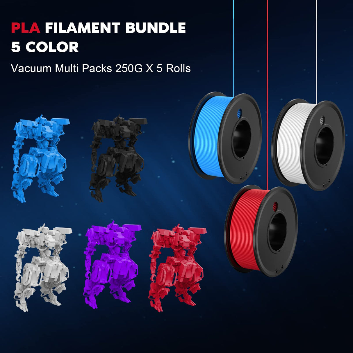FAHKNS 3D Printer Filament PLA 1.75mm 3-D Printing Materials 5 Colors Bundle Print Filimate 1.75 mm White Black Red Blue Purple Filiment1.75 Accuracy ±0.02mm Fillament Spool Vacuum Pack 250G X 5 Roll FAHKNS