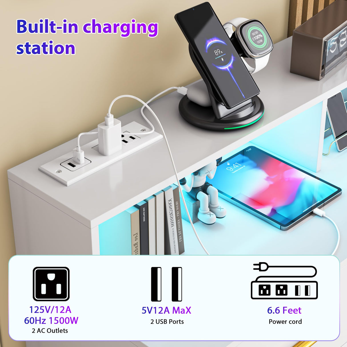UNIQUITE White 9 Drawer Dressers for Bedroom, Modern Large Dresser with LED Light and Power Outlet, Wooden Long Dresser for Bedroom, Entryway, Living Room UNIQUITE