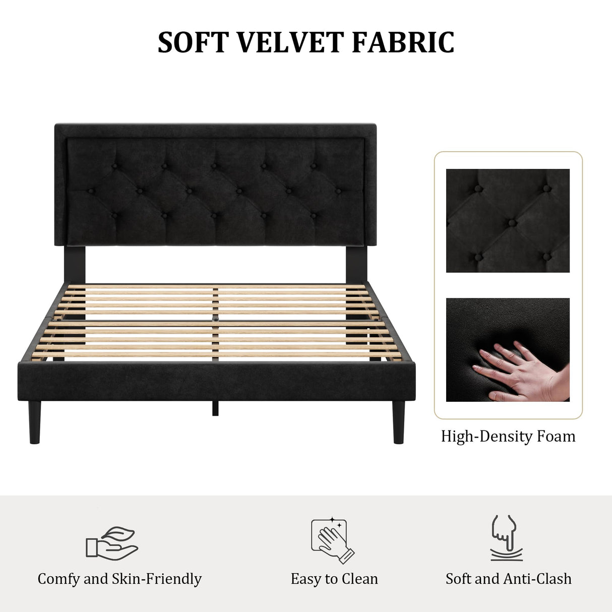 CXVX Queen Size Platform Bed Frame with Upholstered Velvet Button Tufted Headboard, Mattress Foundation with Wooden Slat Support, No Box Spring Needed, Easy Assembly, Noise Free, Black CXVX
