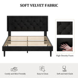 CXVX Queen Size Platform Bed Frame with Upholstered Velvet Button Tufted Headboard, Mattress Foundation with Wooden Slat Support, No Box Spring Needed, Easy Assembly, Noise Free, Black CXVX