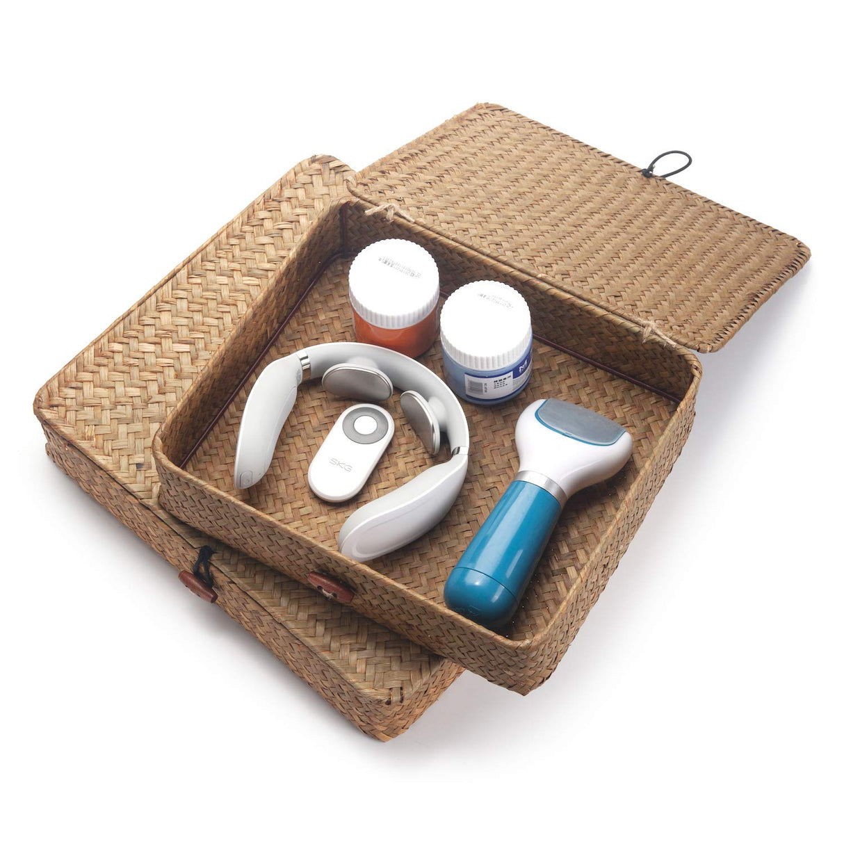 Flat Seagrass Storage Bins with Lid, Wicker Basket for Shelf Organize, Set of 2 (Small+Large) DOKOT