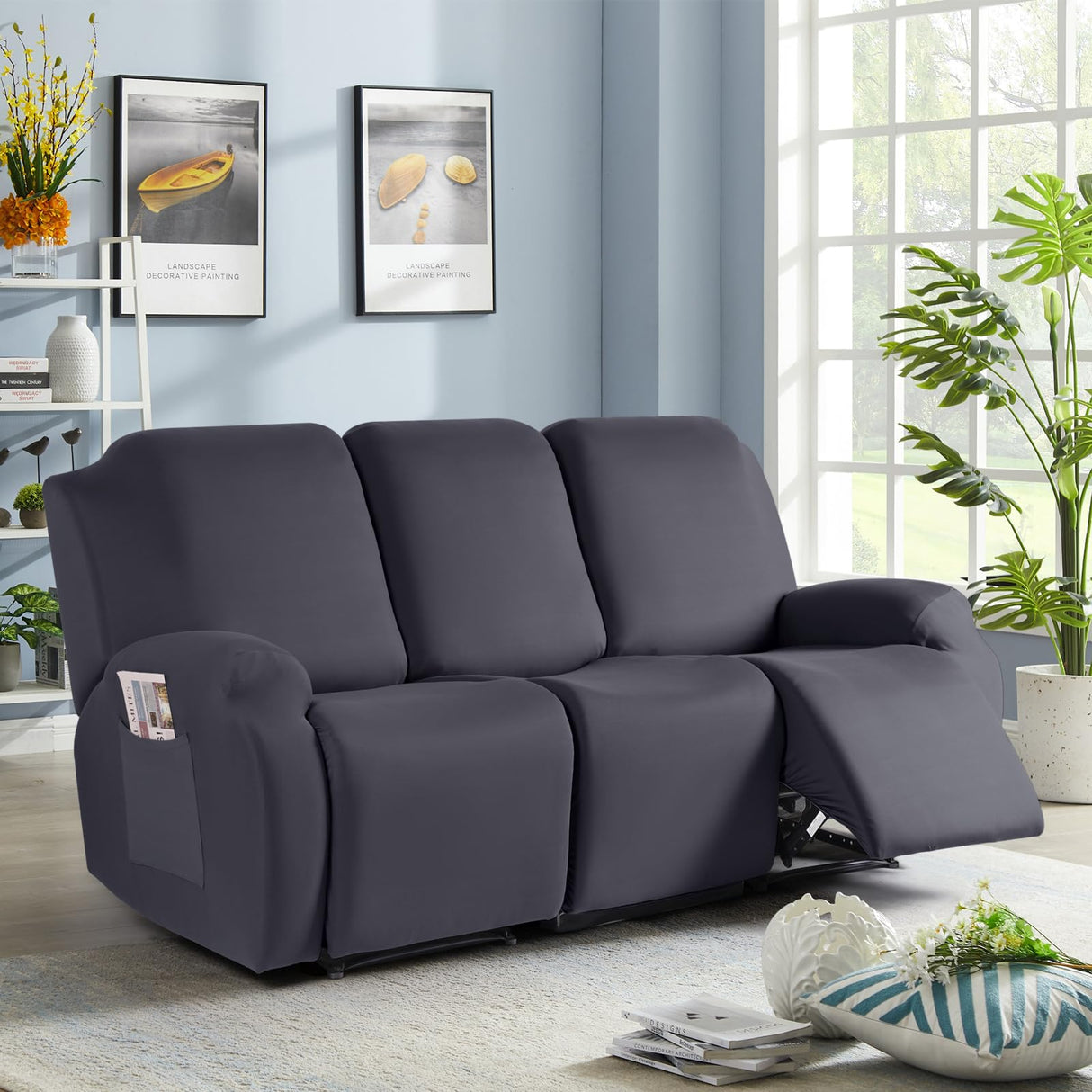 TAOCOCO Recliner Sofa Slipcover, 3 Pieces Polyester Fabric Stretch Sofa Covers for 3 Seat Reclining Couch, Soft Washable Furniture Protector with Pockets (3 Seat, Dark Gray) TAOCOCO