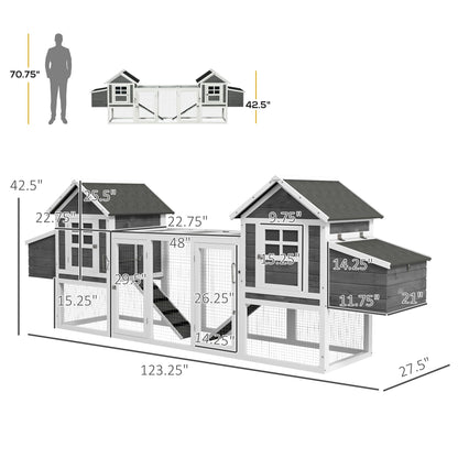 PawHut Dual Wooden Chicken Coop with Garden Bed, Large Outdoor Hen House with Nesting Boxes Removable Trays, Ramps Run, for Garden Backyard, 123" x 27.5" x 42.5", Dark Gray - WoodArtSupply