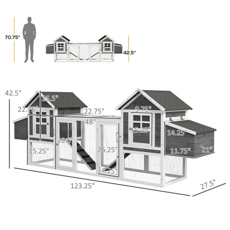 PawHut Dual Wooden Chicken Coop with Garden Bed, Large Outdoor Hen House with Nesting Boxes Removable Trays, Ramps Run, for Garden Backyard, 123" x 27.5" x 42.5", Dark Gray PawHut