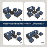 AECOJOY 7 Piece Outdoor Patio Furniture Set, Outdoor Sectional Conversation Furniture Chair with Coffee Table, Patio Sectional for Backyard, Garden(Navy Cushions and Black Rattan) AECOJOY