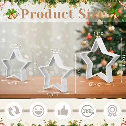 Cinnvoice 3 PCS Wooden Star Christmas Tabletop Decor Christmas Farmhouse Centerpiece Star Sign for Fireplace Mantle Shelf Xmas Table Accents White Wood Star DIY Ornament for Home