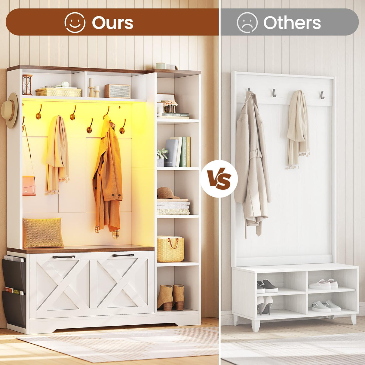 Itaar Hall Tree with Bench and Shoe Storage, Farmhouse Entryway Bench with Coat Rack, Shoe Cabinet with Flip Drawers, 7 Shelves, 10 Coat Hooks, Storage Bag, Led Lights, White Itaar