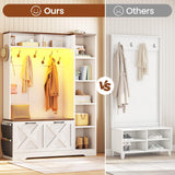 Itaar Hall Tree with Bench and Shoe Storage, Farmhouse Entryway Bench with Coat Rack, Shoe Cabinet with Flip Drawers, 7 Shelves, 10 Coat Hooks, Storage Bag, Led Lights, White Itaar