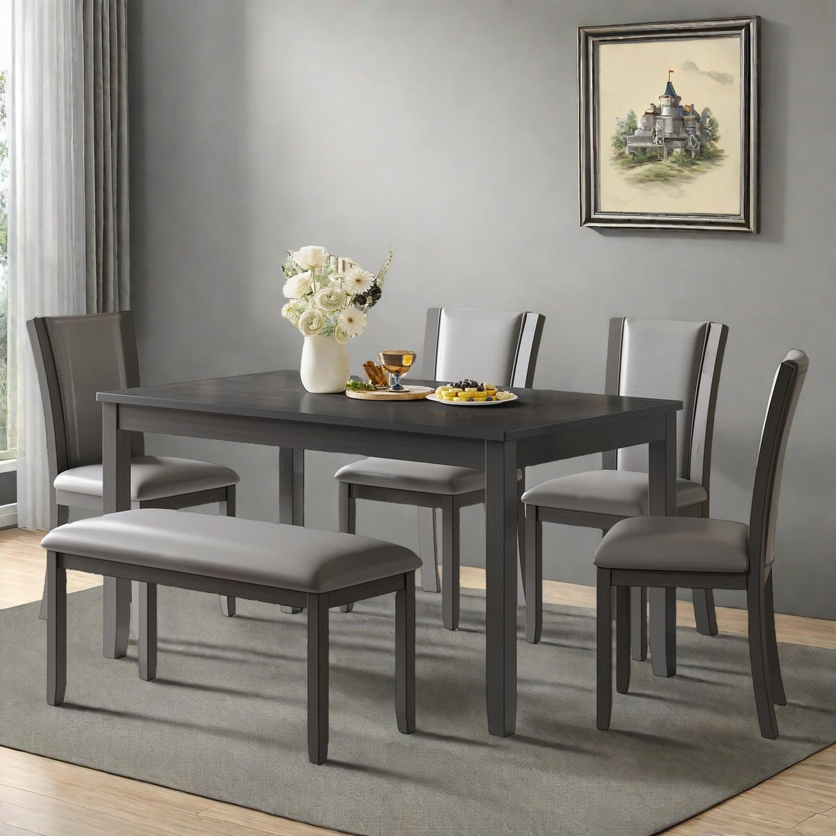 Trygoal Dining Table Set for 6, Farmhouse 6 Piece Dining Room Table Set with Rectangular Table, 4 Upholstered Backrest Chairs and Bench, Counter Height Kitchen Sets with Warm Woodgrain Finish, Gray Trygoal