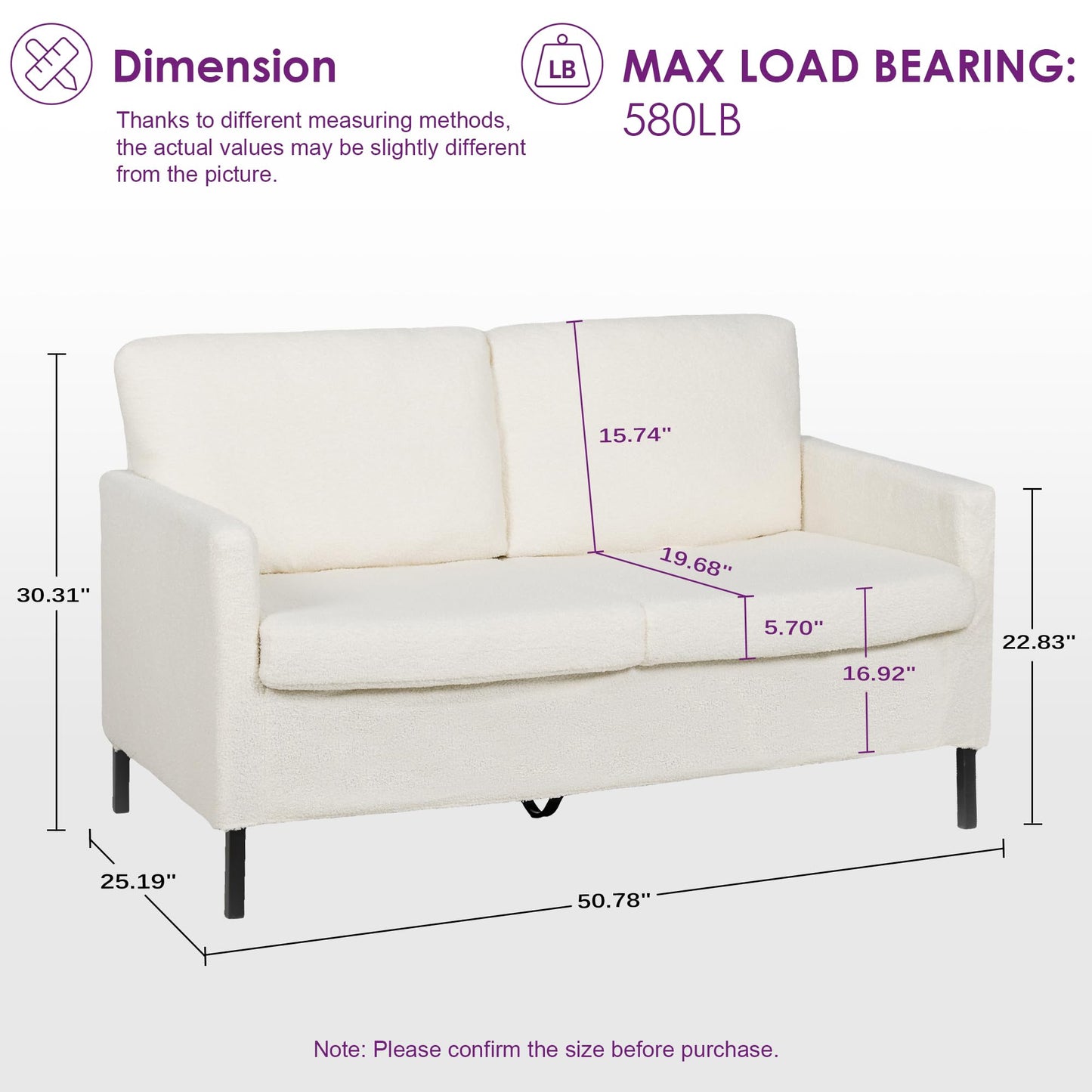 TYBOATLE Sofa Couch, Modern Small Loveseat for Living Room, 51" W Mini Little Upholstered 2-Seater Love Seats w/Iron Legs for Compact Small Space, Apartment, Bedroom, Dorm, Office (White Bouclé)