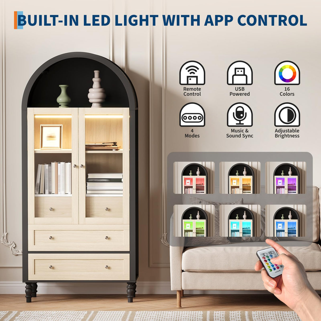 70 in Tall Arched Storage Display Cabinet, Kitchen Pantry Cabinet with LED Lights, Adjustable Shelf, 3 Drawers and Tempered Glass Doors, Boho Arch Bookshelf for Kitchen Dining Living Room- Black & Oak Garvee