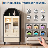 70 in Tall Arched Storage Display Cabinet, Kitchen Pantry Cabinet with LED Lights, Adjustable Shelf, 3 Drawers and Tempered Glass Doors, Boho Arch Bookshelf for Kitchen Dining Living Room- Black & Oak Garvee