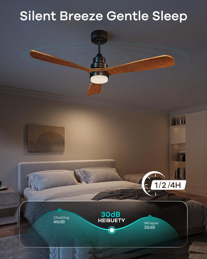 HEIBUETY Ceiling Fans with Lights and Remote, 52 Inch Outdoor Wood Ceiling Fan for Patios with Light, 3 Downrods, Quiet DC Motor, 3 Blade Modern Ceiling Fan for Outside Porch, Farmhouse, Bedroom