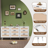 UEV Rattan 9 Drawer Triple Dresser for Bedroom,63" White Dresser TV Stand for TVs up to 75",Wide Chest of Drawers,Large Storage Long Dresser with Modern Rattan Drawers for Living Room UEV