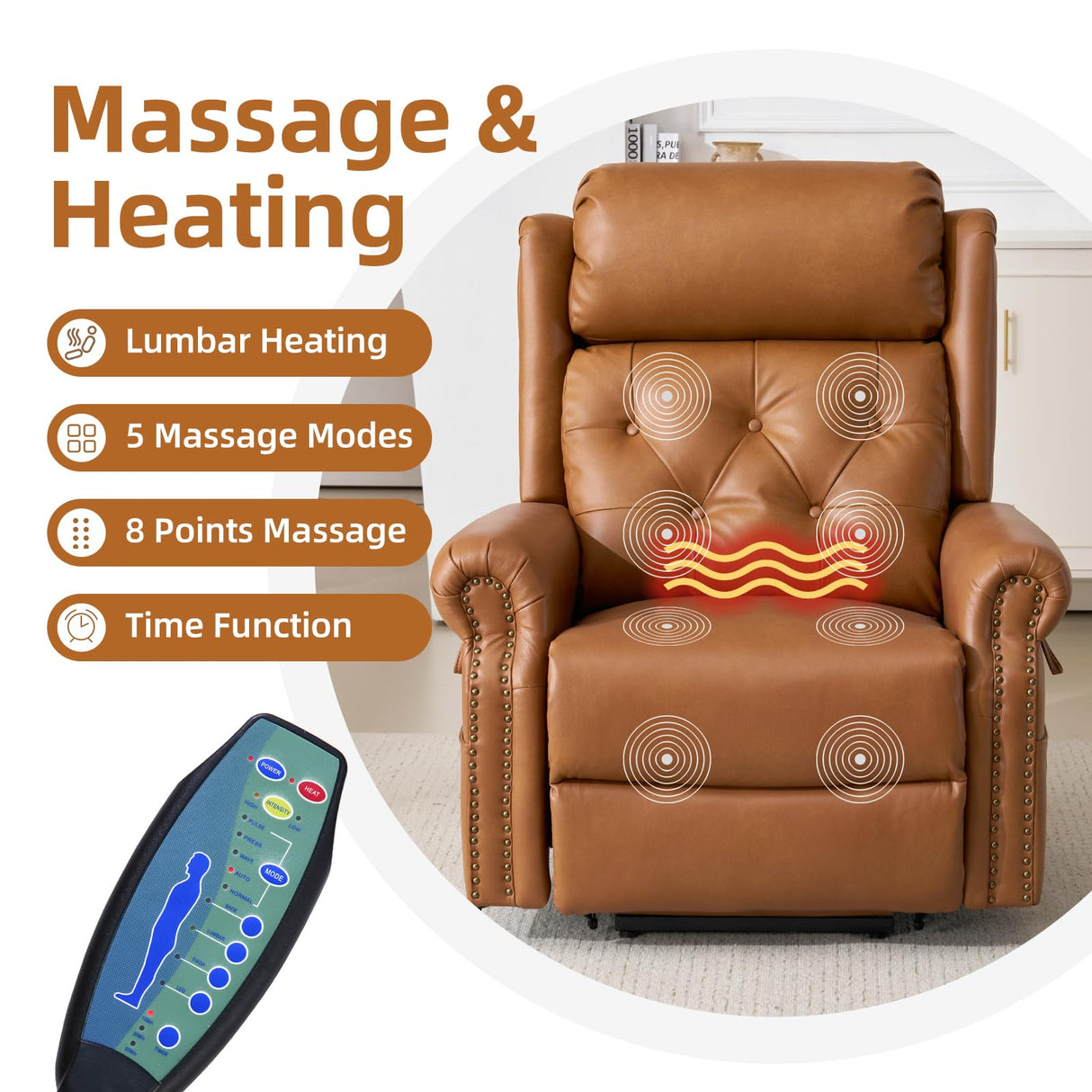 RUTOX Large Power Lift Recliner Chair for Elderly, Lay Flat Lift Chair with Adjustable Headrest, Leather Recliner Lift Chairs with Massage and Heat, Infinite Position,Extended Footrest, Camel RUTOX
