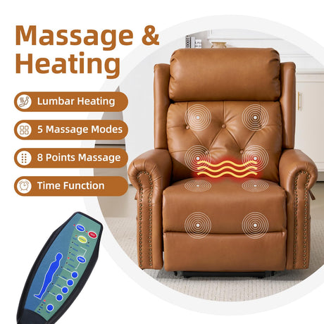 RUTOX Large Power Lift Recliner Chair for Elderly, Lay Flat Lift Chair with Adjustable Headrest, Leather Recliner Lift Chairs with Massage and Heat, Infinite Position,Extended Footrest, Camel RUTOX