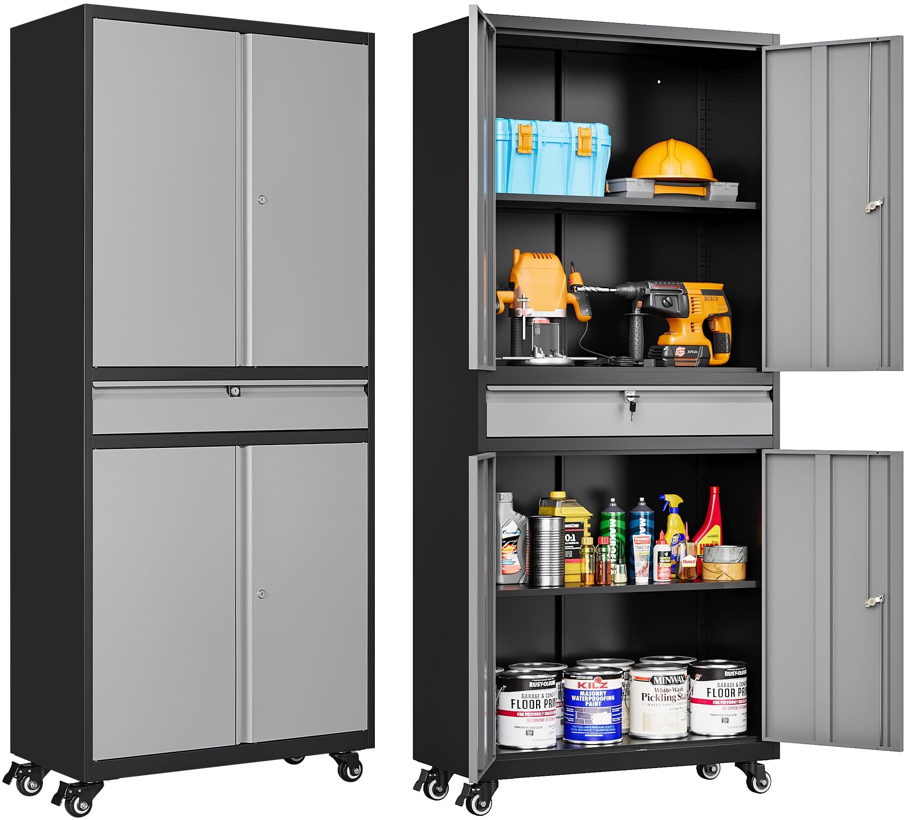 Metal Garage Storage Cabinet with 4 Wheels and 1 Drawer,Gray Rolling Garage Cabinet with Locking Doors and Adjustable Shelves,73" Mobile Tall Large Metal Storage Cabinet for Home,Office,Garag - WoodArtSupply