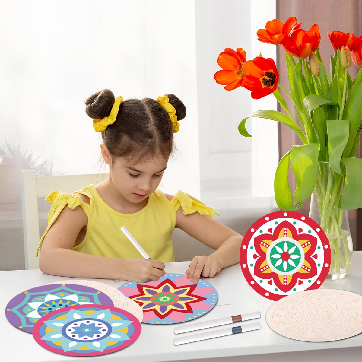 BHHQHH 37Pcs Wooden Mandala Painting Set 12 Mandala Unfinished Wood Slices with 25 Markers,Mandala Painting Kit for Adult Painting DIY Crafts Home Decors