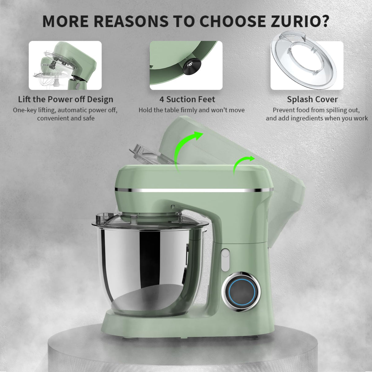 ZZR SEVEN Stand Mixer, Dough Mixer, Cake Mixer, Kitchen Mixer with Bowl SS 5.5 QT, 450W Copper Motor, Standing Mixer with Beater, Dough Hook, SS Egg Whisk (450W Green) ZZR SEVEN
