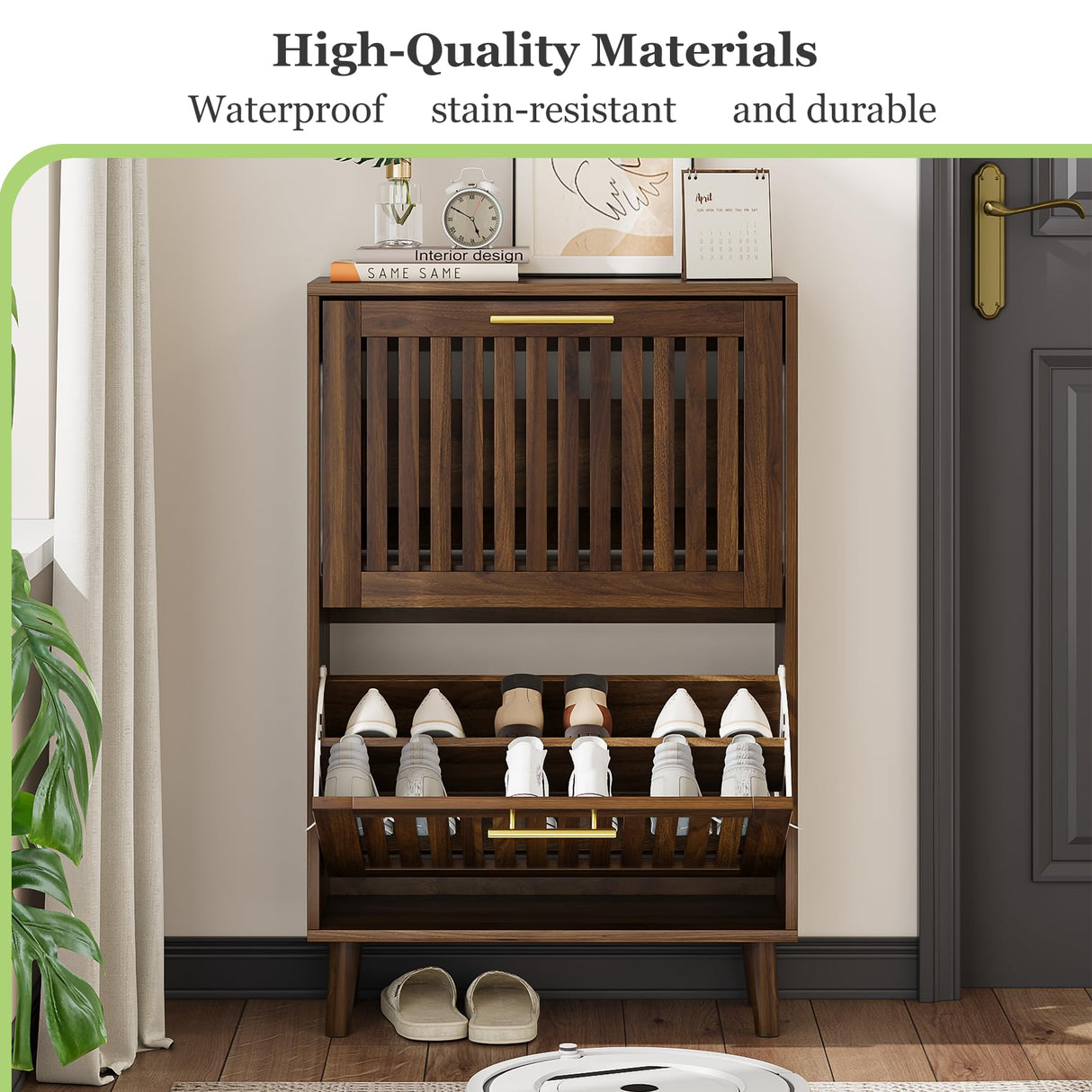 Shoe Cabinet, Shoe Storage Cabinet with Louvered 2 Flip Drawers, Narrow Shoe Cabinet Storage for Entryway, Freestanding Shoe Organizer Cabinet with Golden Handles, Slim Shoe Rack Cabinet (Walnut) Algherohein