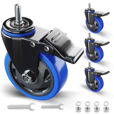 4 Inch Stem Caster Wheels Heavy Duty with Dual Locking 2200Lbs, Threaded Stem Casters 3/8" -16 x 1, Swivel Industrial Casters Set of 4, Wheels for Cart and Furniture WOZESEIK