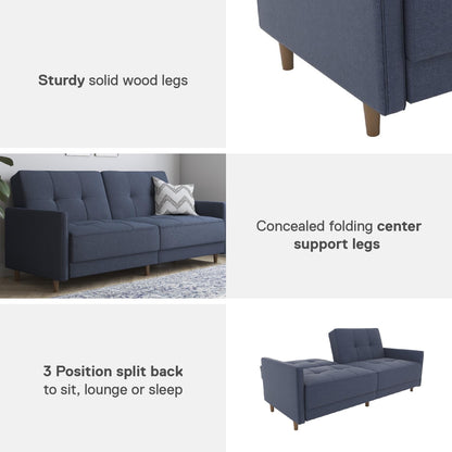 DHP Andora 76 Inch Futon Sofa Bed, Modern Upholstered Couch Sleeper with Button Tufted Back and Seat, Navy