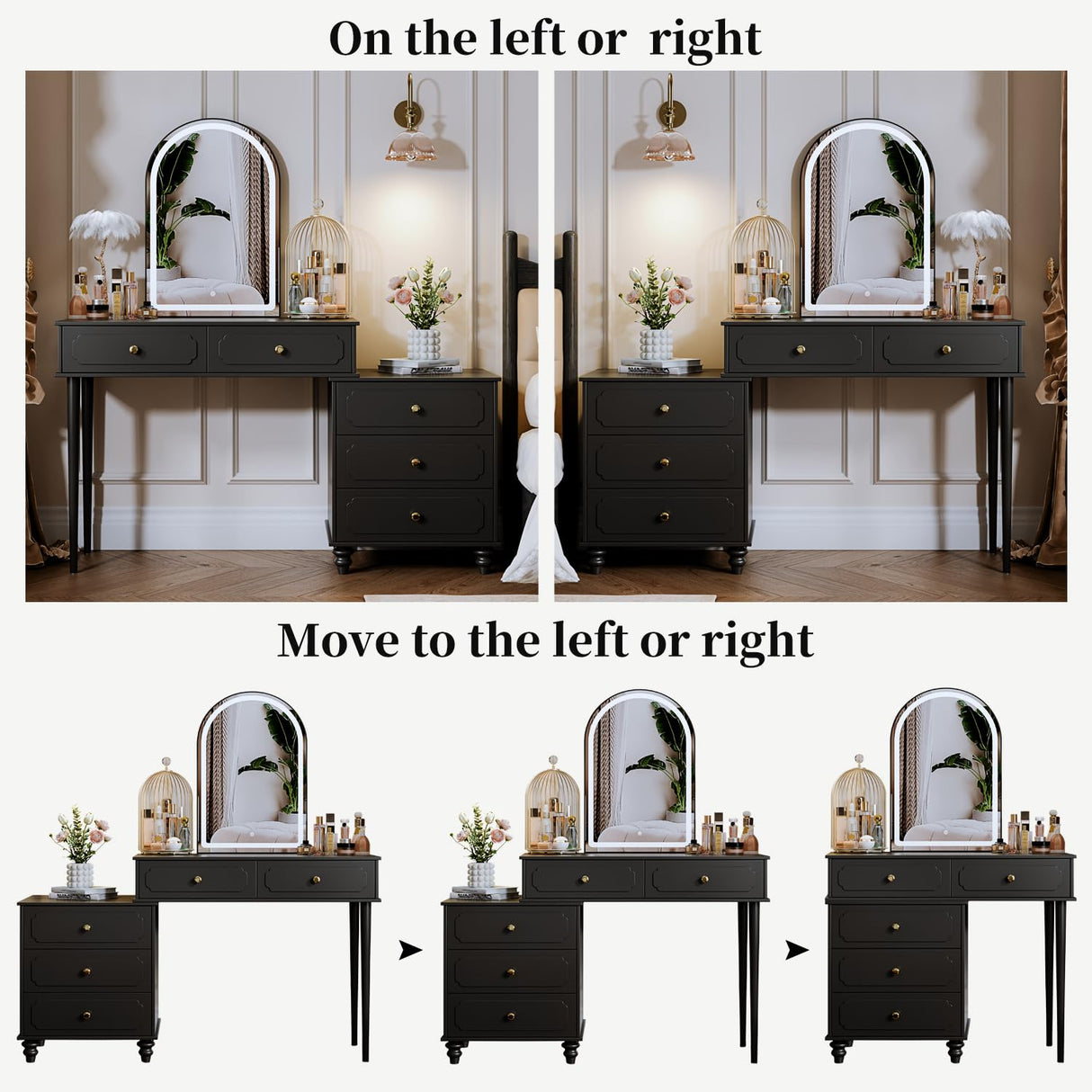 YYJ Vanity Desk with Mirror and Lights,Makeup Vanity with Power Outlet and Adjustable Cabinet,Modern Makeup Table with 3 Drawers for Bedroom Makeup Room,Writing Desk Black YYJ
