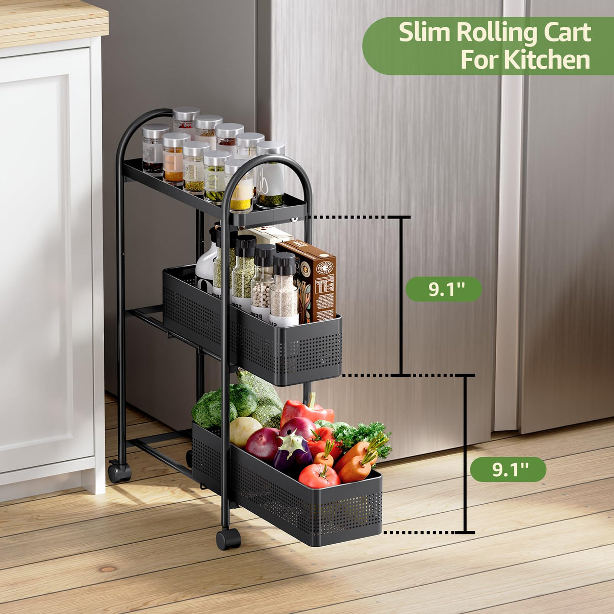 KINGRACK 3-Tier Slim Storage Cart with Pull Out Basket, Rolling Bathroom Organizer Utility, Metal Shelving Unit Slide Out, Lockable Wheels, Easy Assembly for Narrow Place, Kitchen, Laundry Room, Black KINGRACK