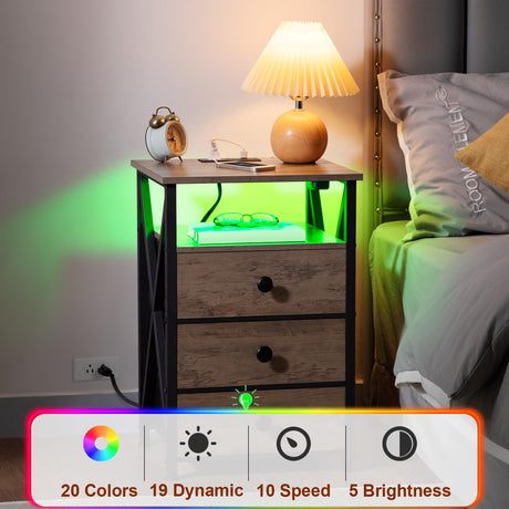 AMHANCIBLE Night Stand Set 2, LED Nightstand with Charging Station, End Side Tables with USB Port & Outlet, Bedside Table with 3 Fabric Drawers for Bedroom Living Room, Greige, HET053LGY AMHANCIBLE