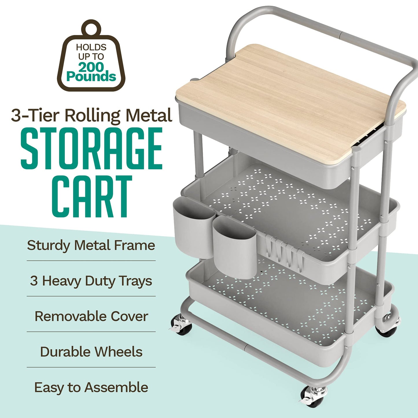 3 Tier Rolling Cart, with Table Top, Rolling Storage Cart with Handles and Locking Wheels, Utility Cart with 2 Small Baskets and 4 Hooks for Bathroom. Office, Balcony, Living Room (Grey)