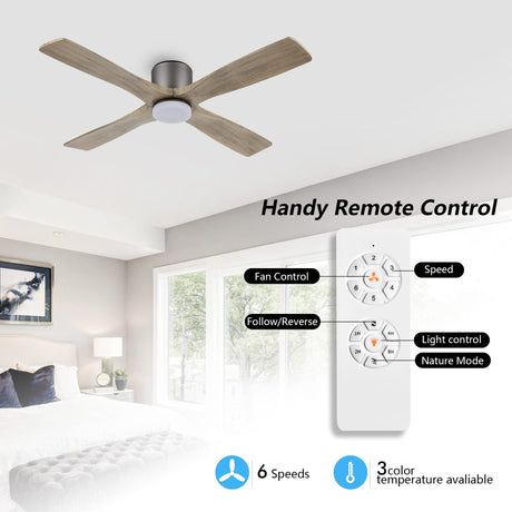 WINGBO 48 Inch Flush Mount DC Ceiling Fan with Lights and Remote, 4 Reversible Carved Wood Blades, 6-Speed Noiseless DC Motor, Hugger Ceiling Fan in Graphite Finish with Gray Blades, ETL Listed WINGBO