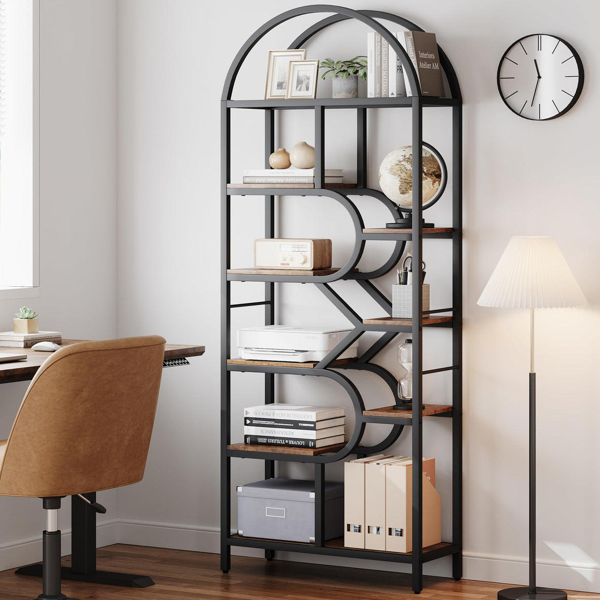 IDEALHOUSE Bookshelf 6 Tier Arched Bookcase 81.7in Tall Display Racks Geometric Open Storage Shelf Unique Book Rack Metal Frame Large Modern Book Shelf for Bedroom, Living Room, Home Office IDEALHOUSE
