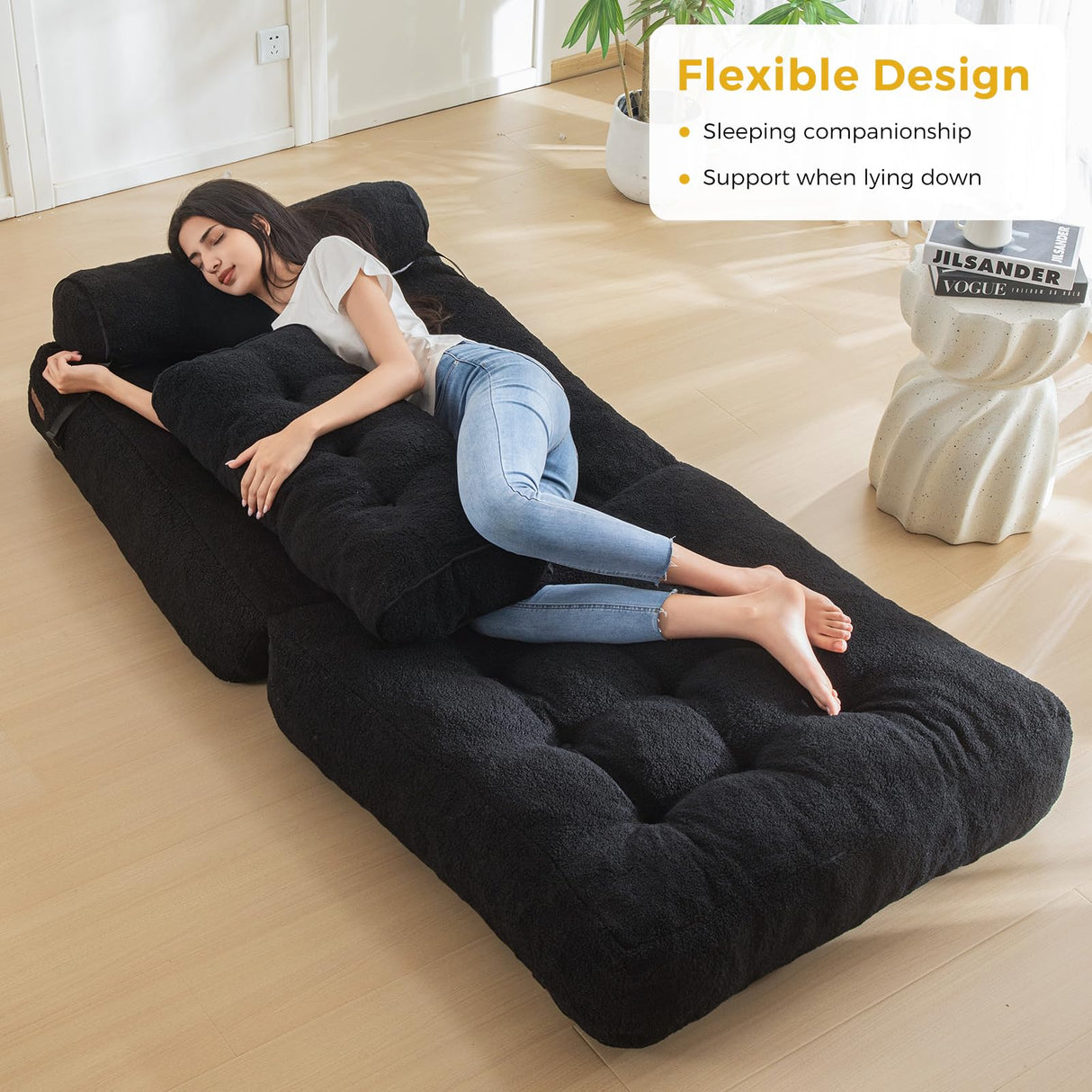 MAXYOYO Folding Sofa Bed, Convertible Sleeper Chair with Pillow Foldable Mattress with Back Support, Portable Fold Out Sofa Couch Fuzzy Fabric Comfy Floor Sofa Lounge for Living Room Apartment, Black MAXYOYO