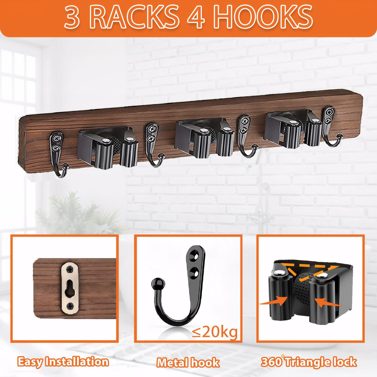 Mop and Broom Holder Wall Mount-Rustic Wood Broom Hanger Wall Mount | Laundry Room Organization and Storage Broom Organizer Wall Mount-Kitchen Decor Modern Farmhouse Wall Decor (Brown-3slots/4hooks) MG rack YF