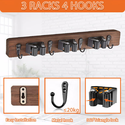 Mop and Broom Holder Wall Mount-Rustic Wood Broom Hanger Wall Mount | Laundry Room Organization and Storage Broom Organizer Wall Mount-Kitchen Decor Modern Farmhouse Wall Decor (Brown-3slots/4hooks)