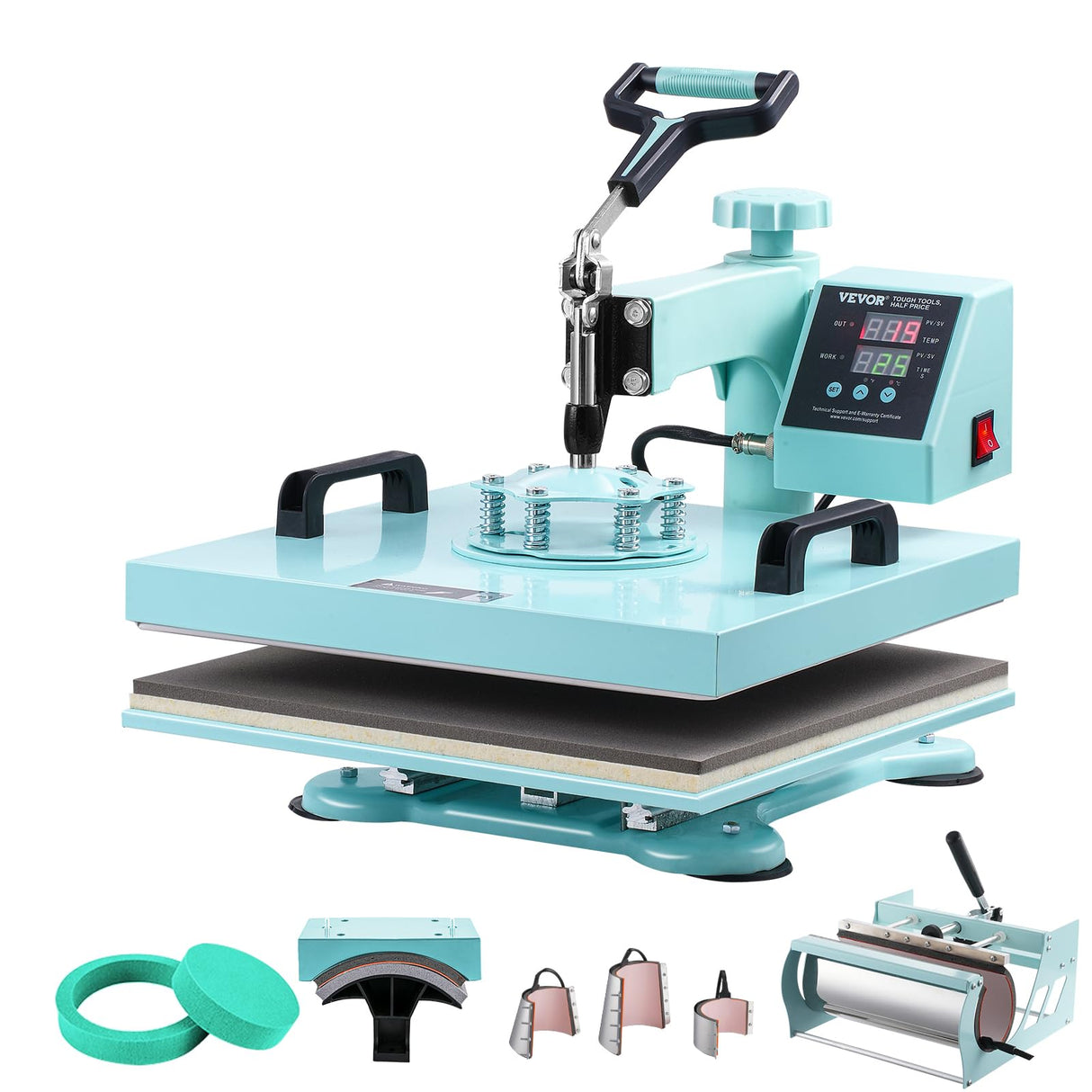 VEVOR 15x15 Heat Press Machine 8 in 1 Combo with 30 OZ Tumbler Press & Hat Press, Slide Out Heat Press Sublimation Machine for T-Shirts, Hats Caps Tumblers Glass Cans Mugs, and Plates (Light Green) VEVOR